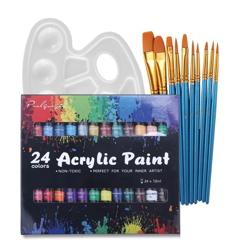 Acrylic Paints Set 24 Colors Professional Brush Set 12ml Tubes Artist Drawing Painting Pigment Hand Painted Wall Paint DIY Qme 35 pcs set
