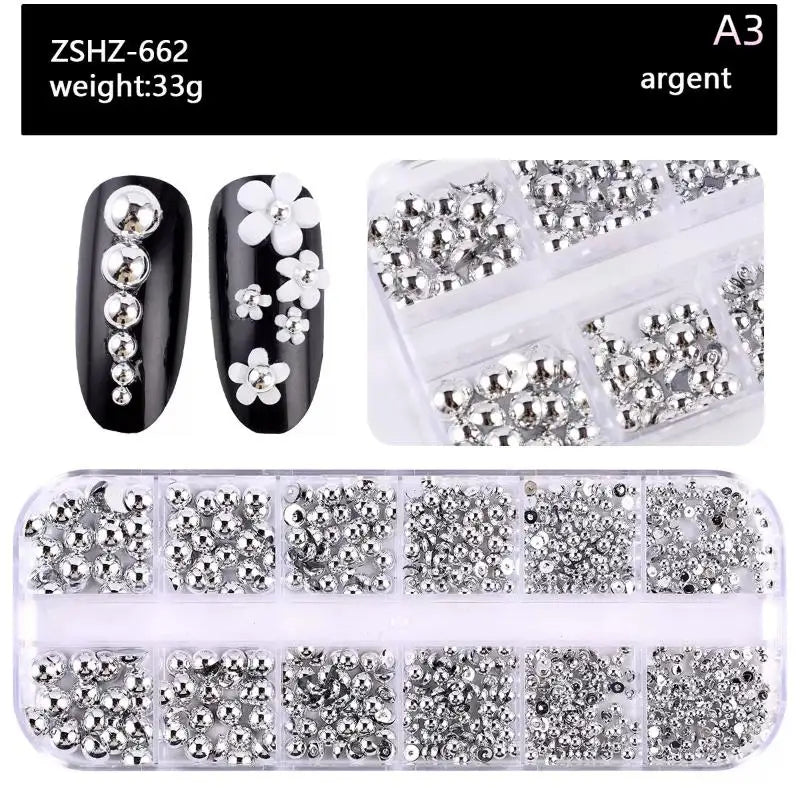 12Grids Mixed Semi-circular Pearl Gold Silver Nail Charms Decor Qme A3