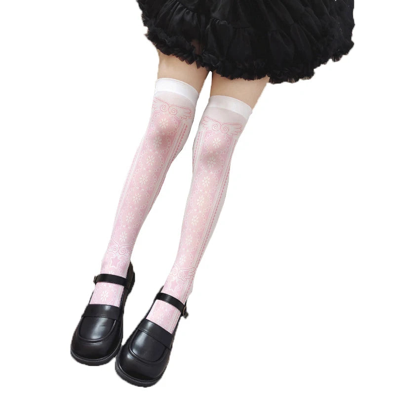 Cute Pink Princess Lolita Over Knee Stockings Love Bow Printed Girl Qme style3 One Size