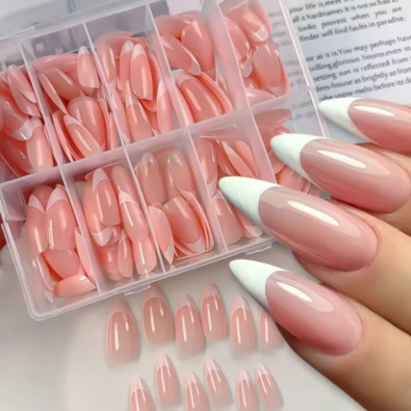 Pink French Almond Fake Nails Full Cover False Nail Tip for women French press on nails Wedding/daily reusable Qme