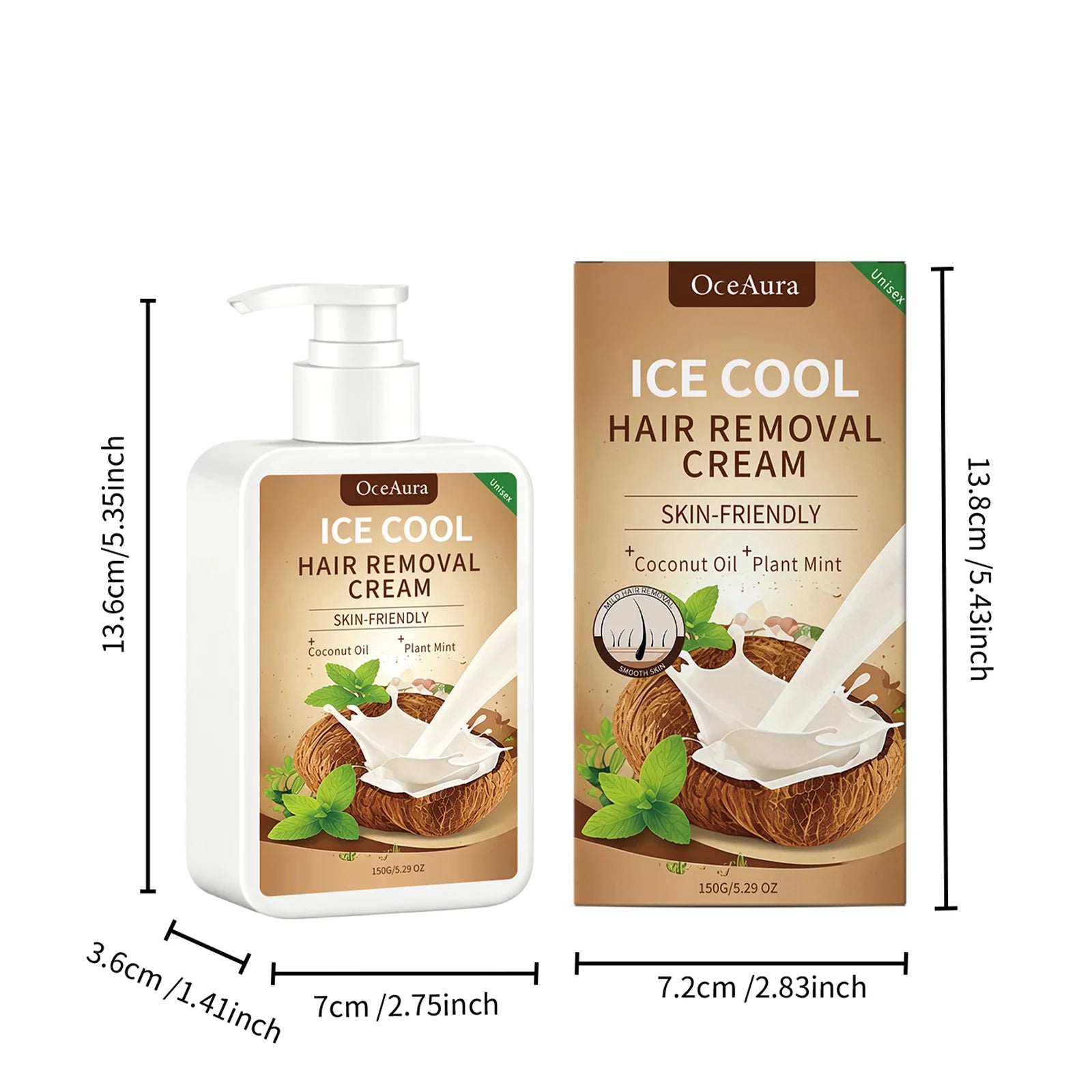 OceAura Ice Cool Hair Removal Cream for Face Coconut Mint Infused Gentle Smooth Residue Free Depilatory Cream for All Skin Types Qme