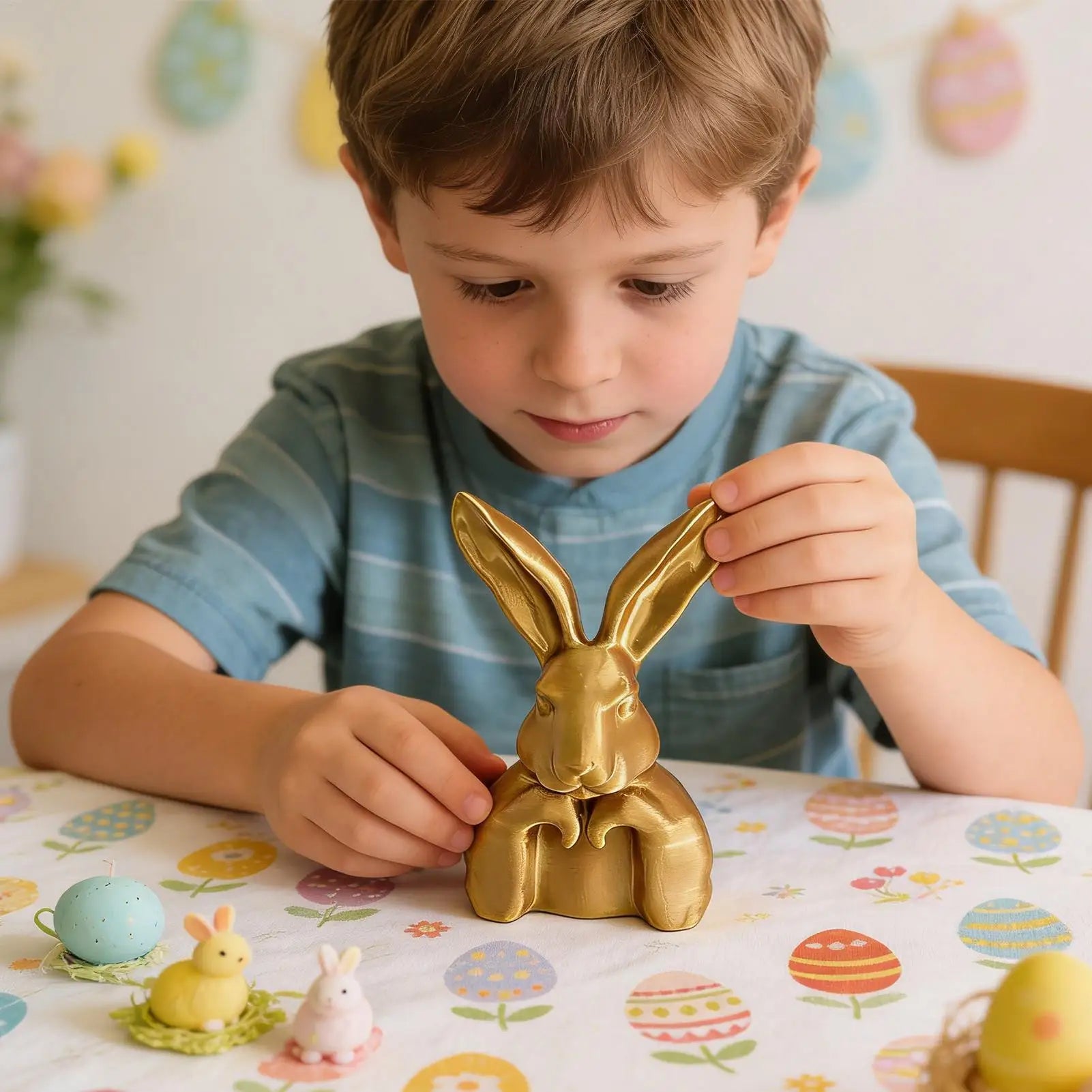 Bunny Figurines 3D Printed Decorative Sculpture Gold Decor Home Qme