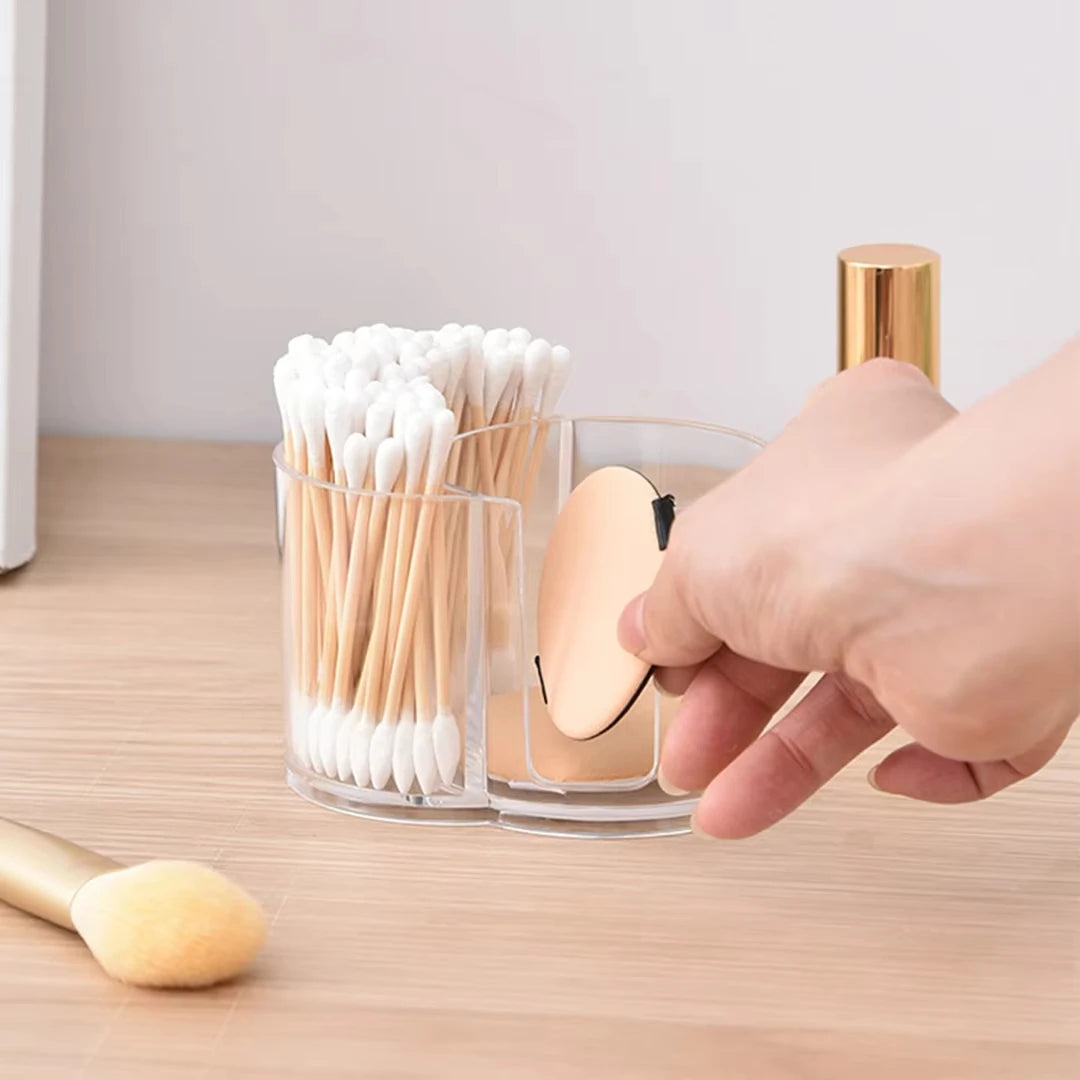 Holder with Dual Compartments - Clear Cotton Swab and Cotton Balls Organizer - Transparent Bathroom Storage Container for Makeup Qme