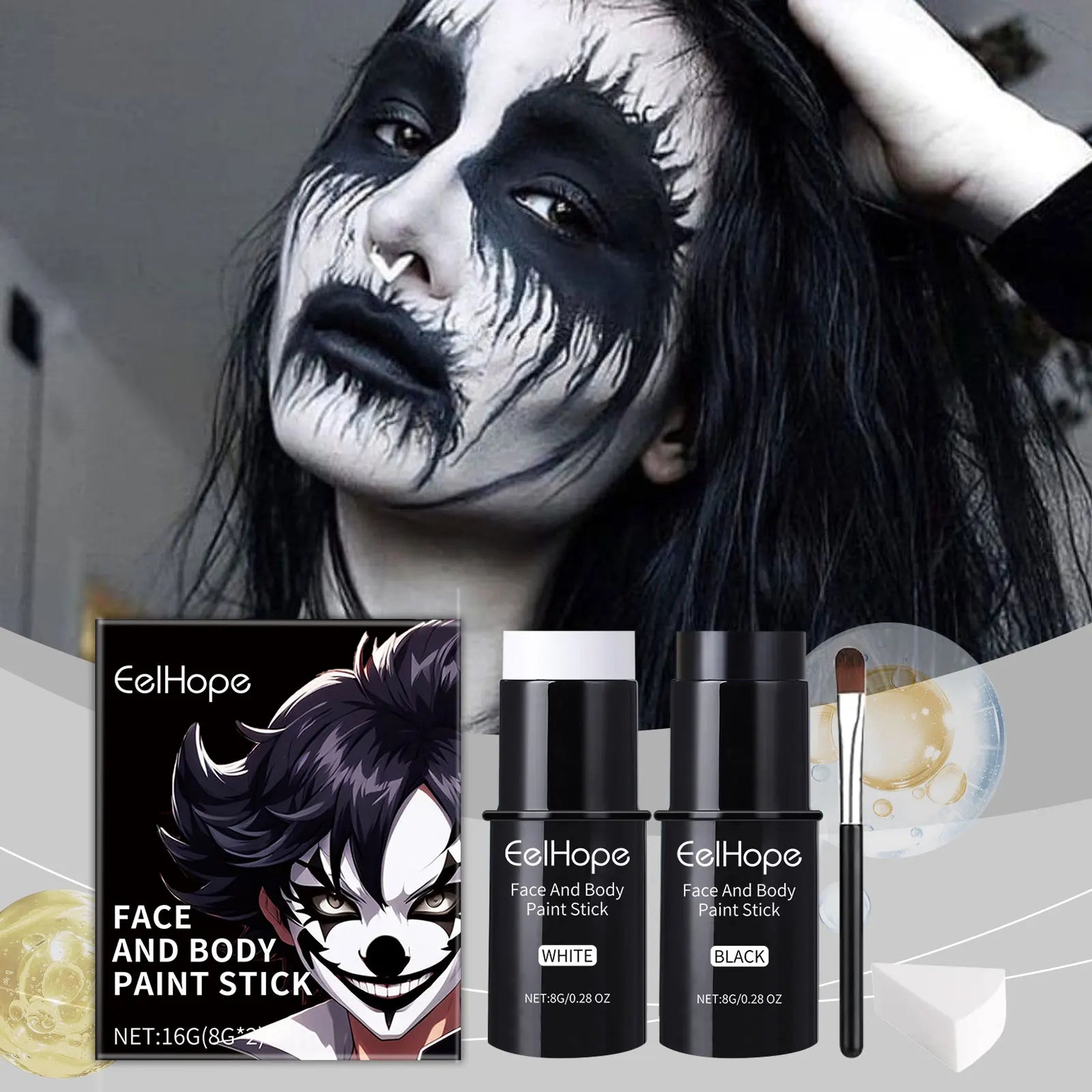 Halloween Black White Face Body Paint Kit Full Coverage Lighweight Foundation Clown Joker Makeup Festive Makeup Accessories Set Qme