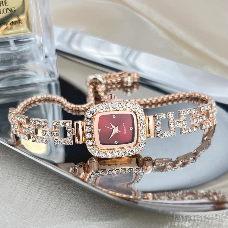 Cross-border new small square bracelet pull women's watch free adjustment square chain diamond set small ladies quartz watch Qme Red