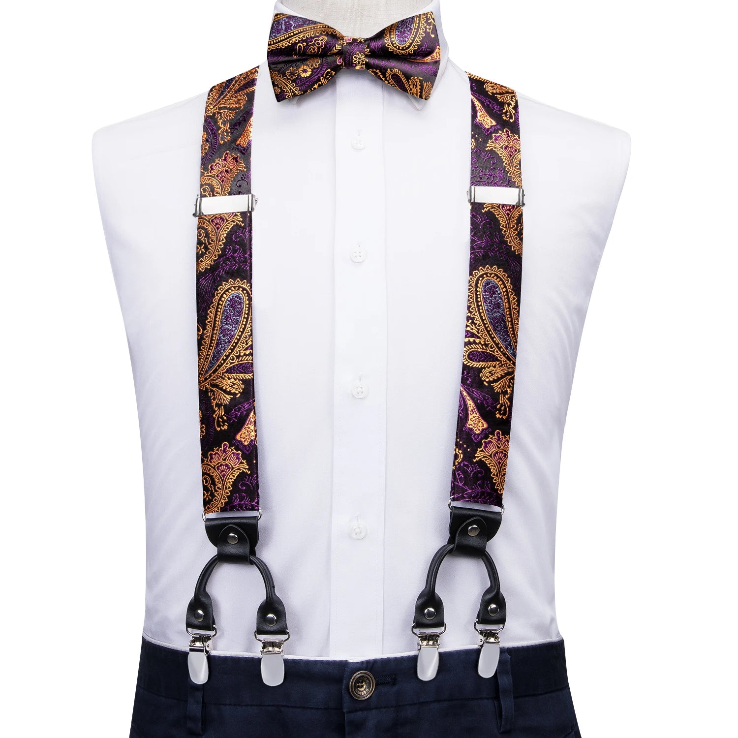 Silk Woven Mens Suspenders Bow Tie Hanky Cufflinks Strength 6 Clips