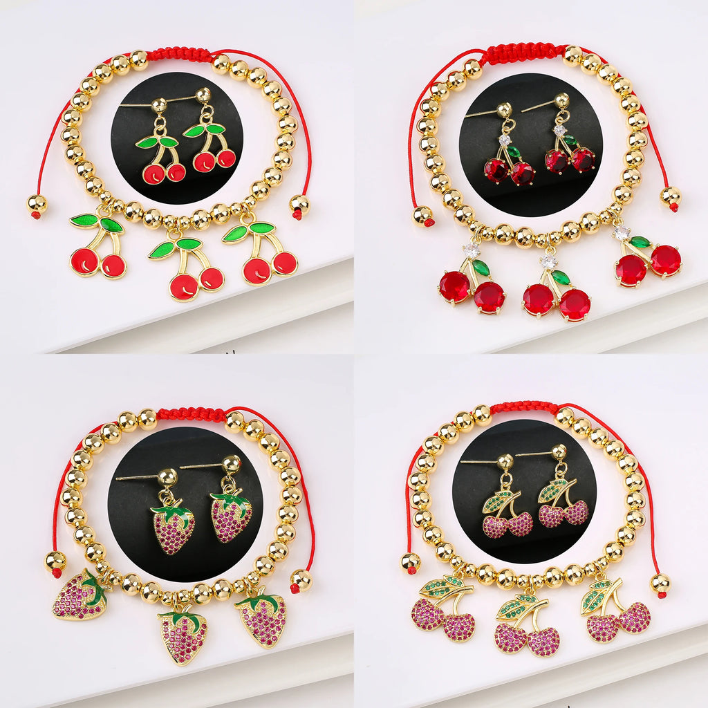 2PCS Trendy Red Cherry Strawberry Bracelet Earring Fruit Set for Women Casual Vacation Zirconia Jewelry Girls Lucky Gift Qme