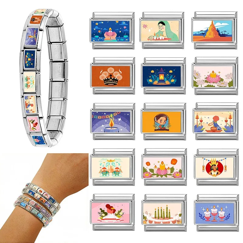 Reciting Scriptures Giving alm Offer flower Queen Sutida's Birthday Fit 9mm Italian Charm Bracelet Stainless Steel DIY Making Qme