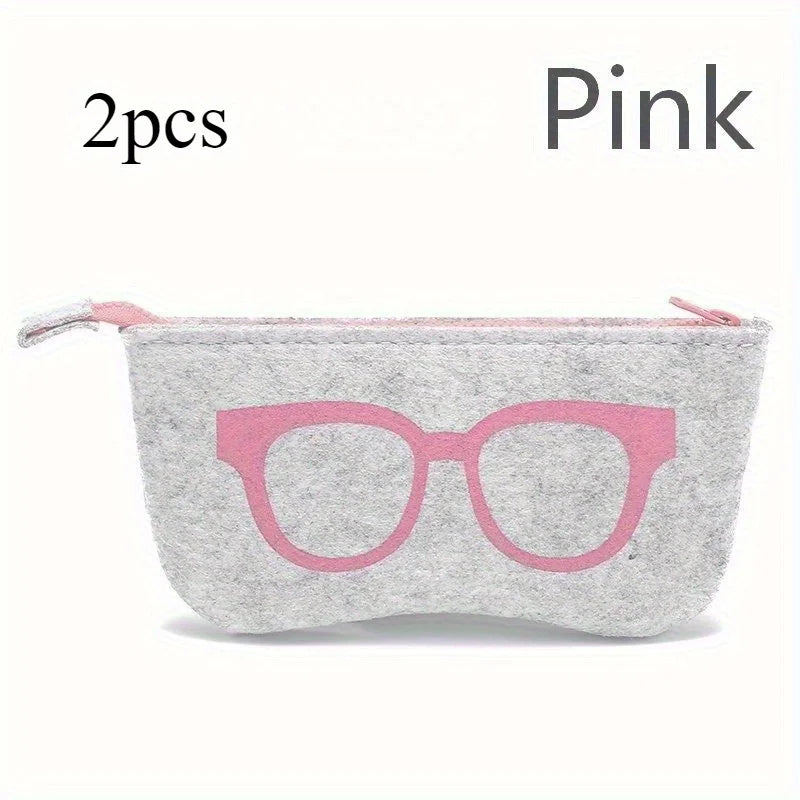 2PCS Soft Felt Eyeglasses Pouch with Zipper, Portable Sunglasses Storage Bag, Cute Glasses Print Protective Case for Men Women Qme Pink 2pcs