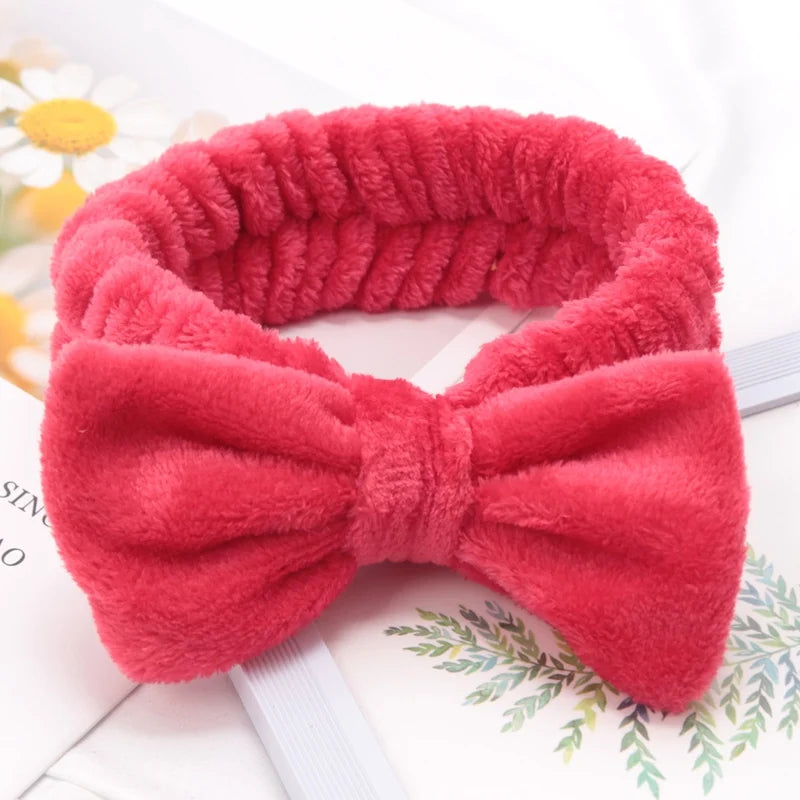 Soft Bow Headbands SPA Yoga Big Solid Coral Fleece Elastic Hair Bands Qme Red
