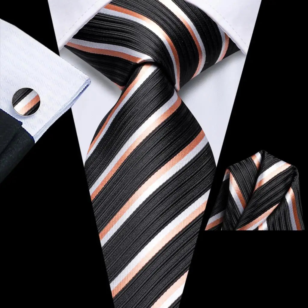 Hi-tie Striped Navy Blue Mens Fashion Necktie Handkerchief Cufflinks