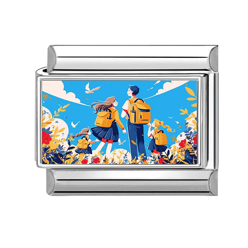 Blue Landscape Sky School Student Schoolbag City Italian Charms Fit 9mm Stainless Steel Women Fashion Bracelet DIY Jewelry Gifts Qme Style 16