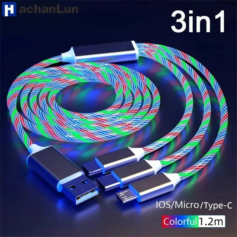 2pcs 3 in 1 Fast Charging Cable for Type C Lightning Android Universal Mobile Phones with Flowing Light Qme
