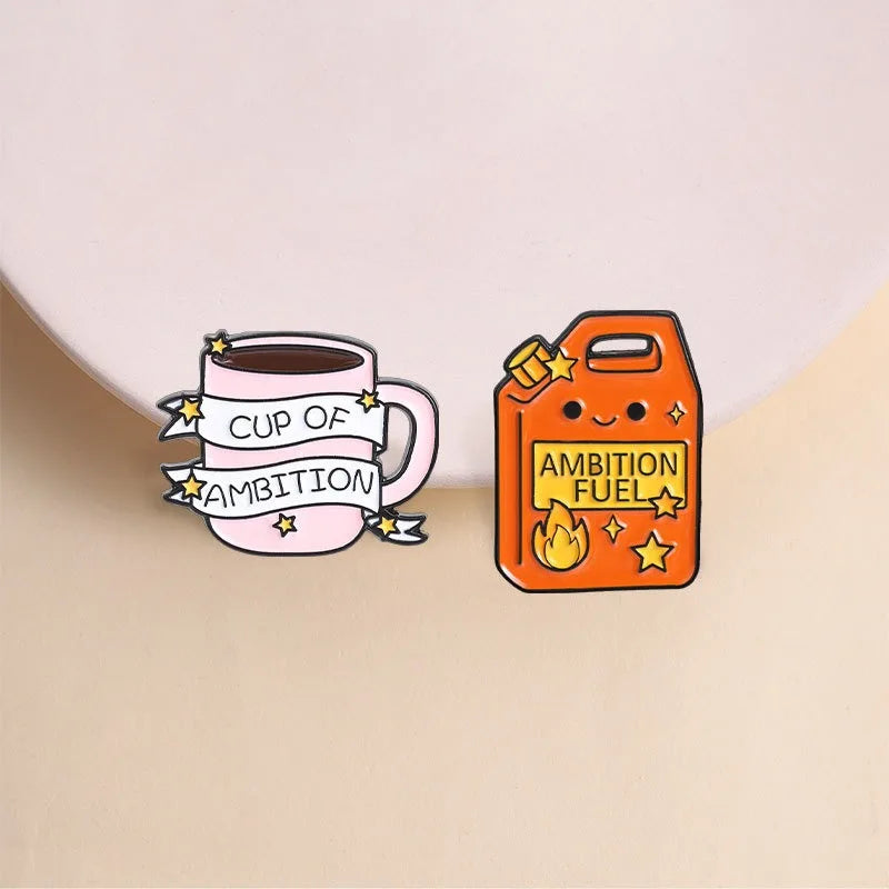Motivational Enamel Pins Ambition Fuel Jerry Can Cup of Ambition Coffee Cup Lapel Brooches Positive Quote Badges for Daily Decor Qme