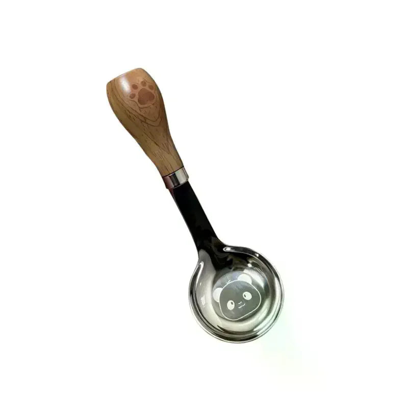 Stainless Steel Short Handle Soup Spoon Cute Panda Pattern Non Slip Wood Grain Handle For Kids Toddlers Daily Use Qme
