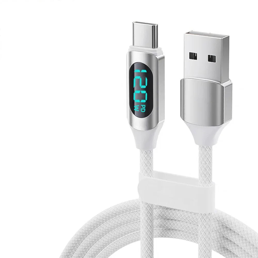 PD 120W Fast Charging Data Cable LED Digital Display USB C Nylon Braided Mobile Phone Charger Cord For iPhone 17 Samsung Xiaomi Qme USB A to C White 2m