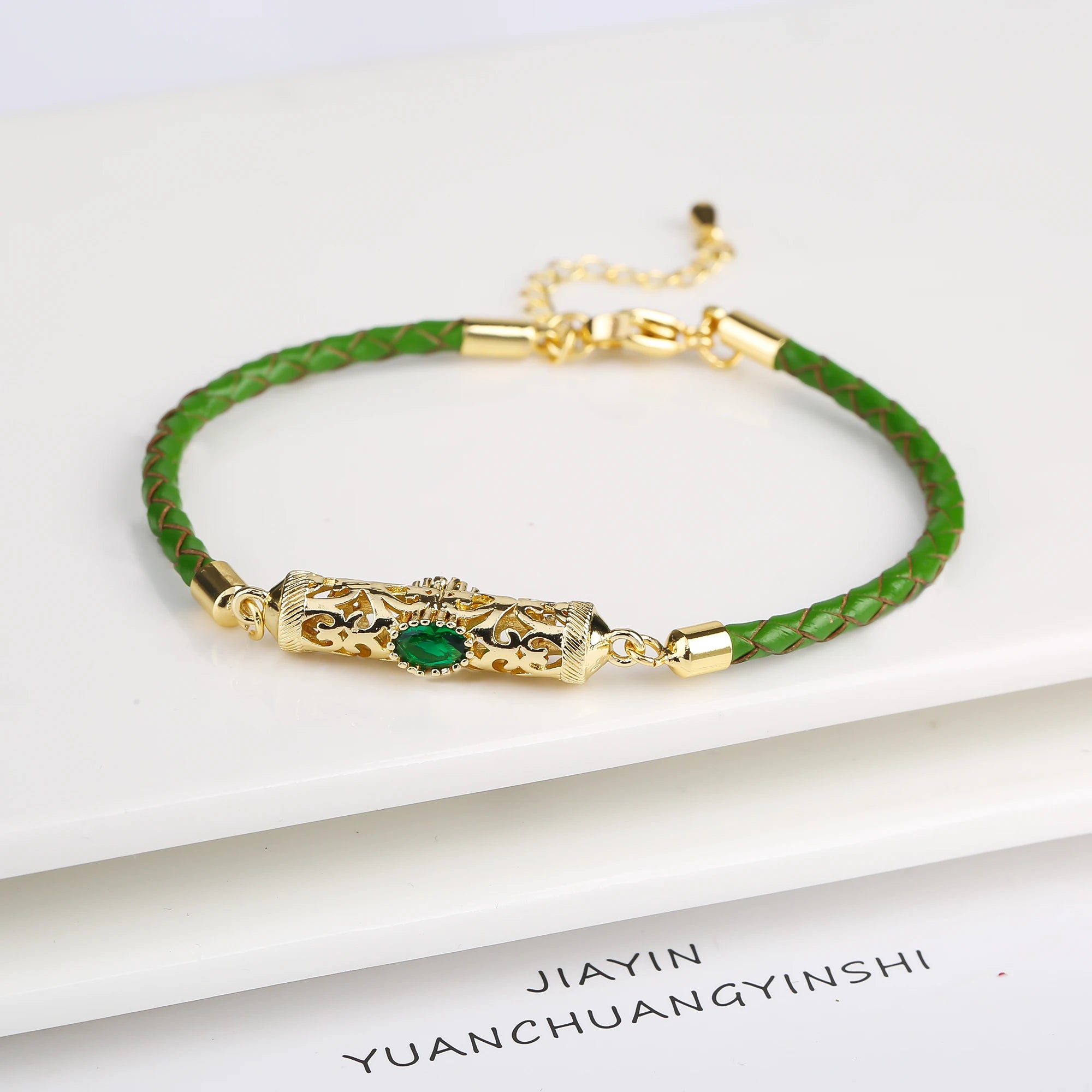 Gold-Plated Dragon Pillar Crystal Leather Braided Adjustable Bracelet Simple For Man Woman Party Holiday Jewelry Prayer Gift Qme Green