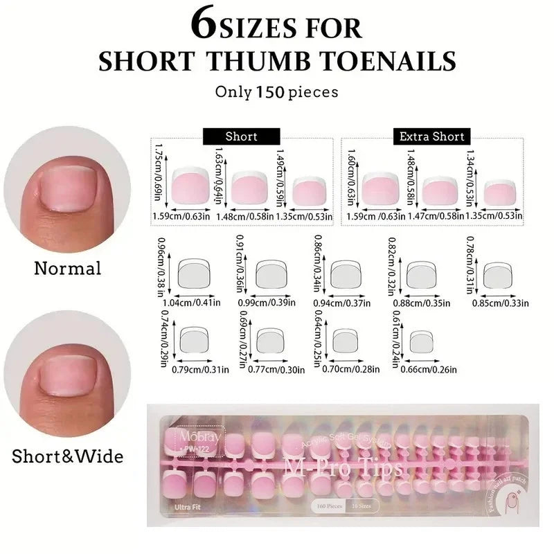 160pcs Fake Toe Nail Tips Pink French Short Square Full Cover Natural Artificial Acrylic Fake Press On Toenails For Nail Salons Qme
