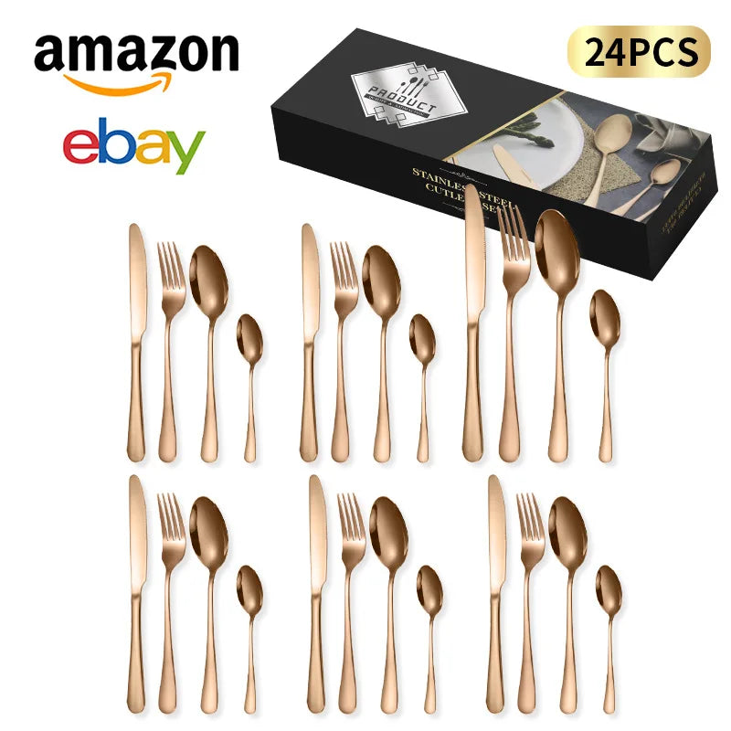 24-Piece Stainless Steel Tableware Set,Western Cutlery Steak Knife Fork Spoon, Gift Box Set for Home Restaurant Wedding Gift Qme A-24Pcs RoseGold