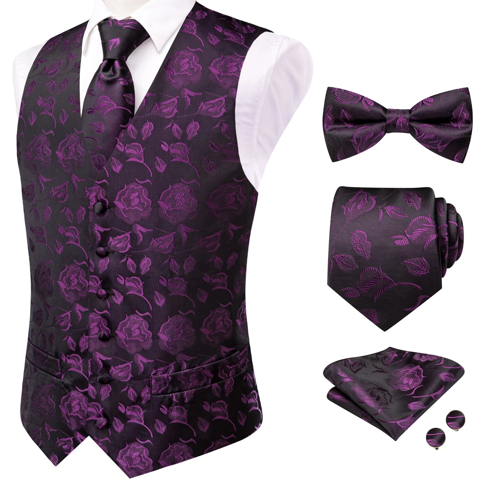 Classic Purple Printed V-Neck Waistcoat 5 In 1 Men Formal Dress Matching Accessories Qme