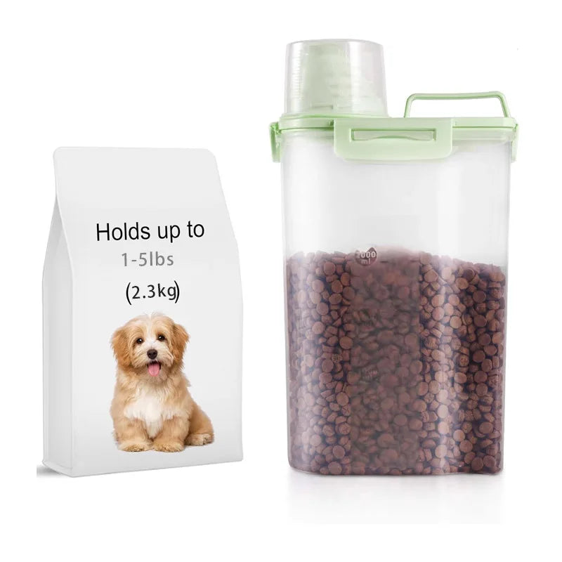 Pet food storage container with measuring cup, 2-liter cat and dog food storage container, suitable for small dogs and cats Qme