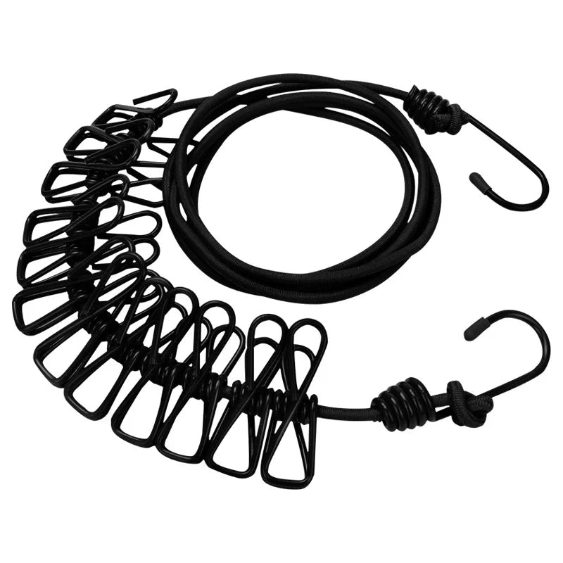 Portable Clothing Clothesline with 12 Clips Retractable Travel Elastic Camping Non-slip Clothesline for Outdoor and Indoor Use Qme Black
