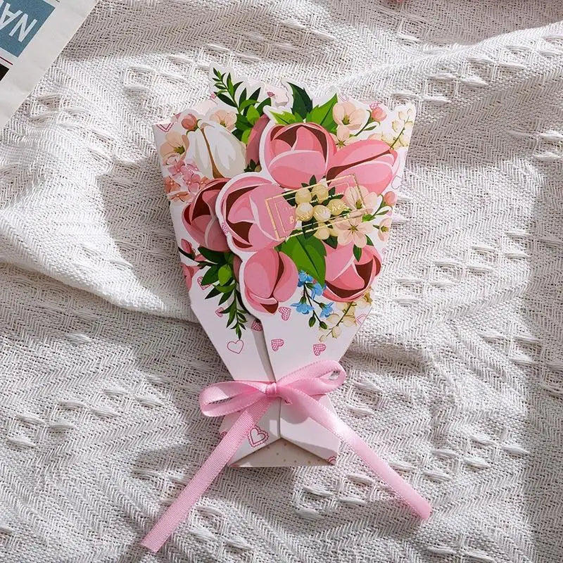 3D Bouquet Bow Hot Stamping Greeting Card Valentine's Day Wedding Bouquet Invitation Letter Holiday Blessing Gift Message Card Qme Ca Bl