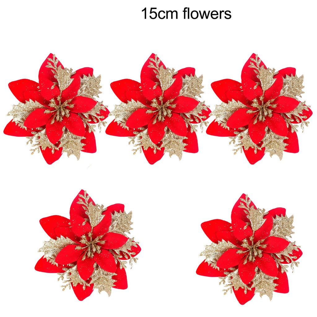 5-20pcs Sparkling Red Golden Silver Poinsettia Artificial Flowers Christmas Tree Ornaments for Xmas New Year party Decoration Qme GOLD RED 5pcs