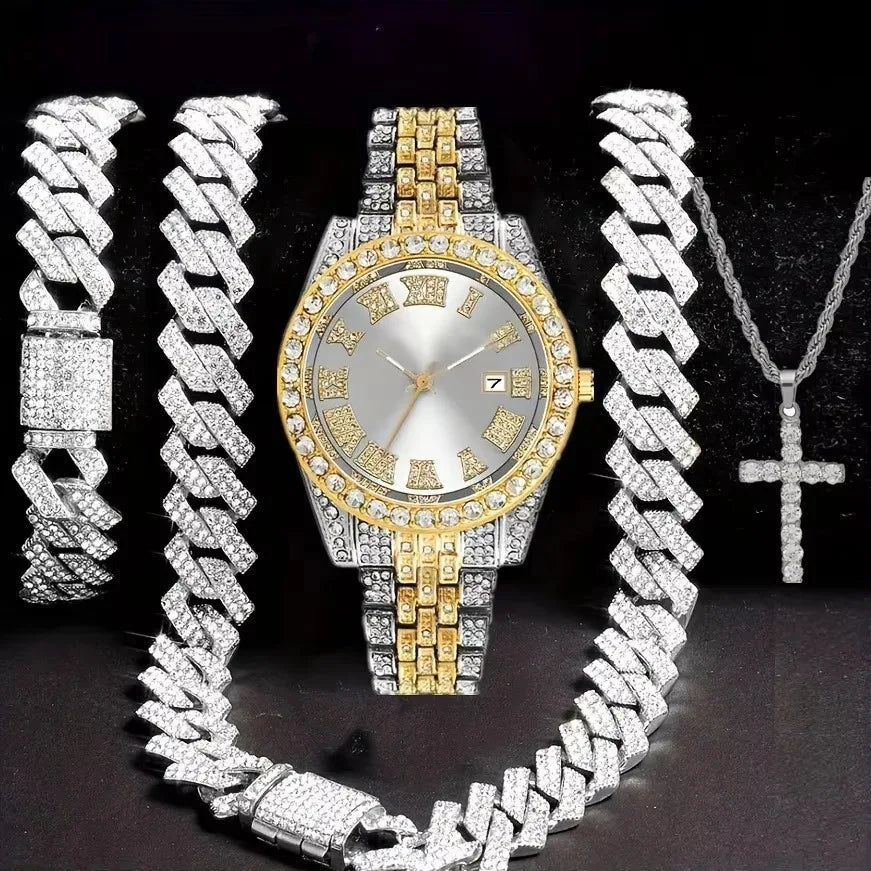 Men's Bling Jewelry Set: Iced Out Watch + Cuban Link Chain + Cross Pendant Necklace + Bracelet, 4Pcs Hip Hop Set Qme Pink