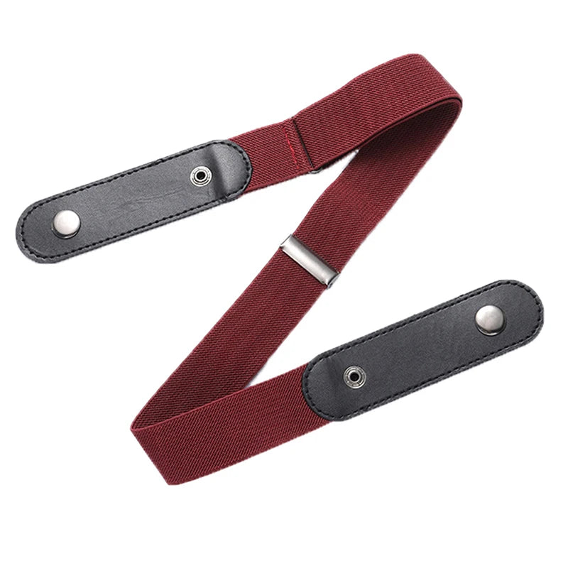 Buckle-free Waist Belt Jeans Pants No Buckle Stretch Elastic Women Qme Wine red