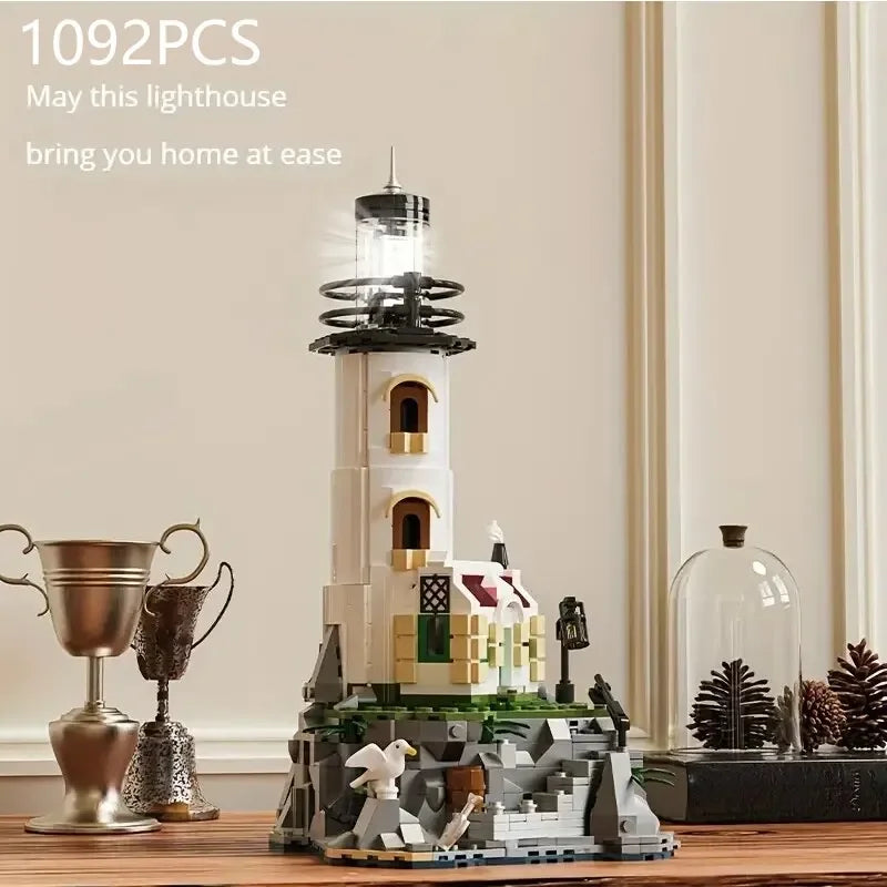 Sea Island Electric Lighthouse Building Blocks Fisherman's Hut Glowing Lighthouse Assembly Model Bricks Desktop Ornaments Gifts Qme