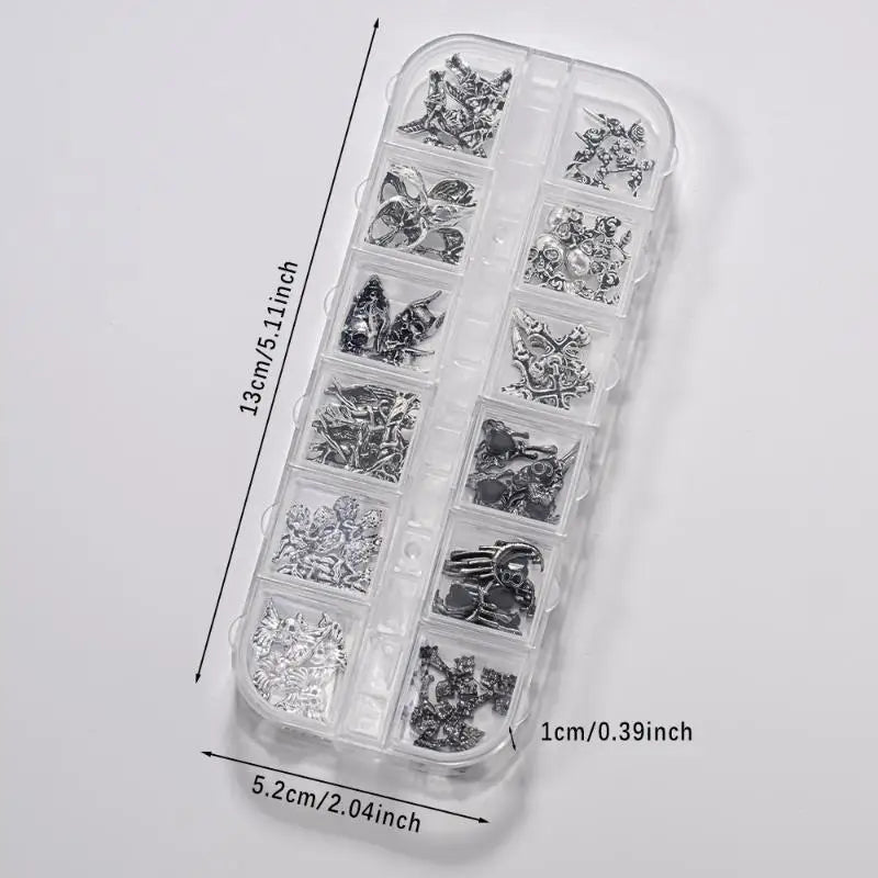 12Grid Vintage Cross Nail Art Charms Y2k Metal Alloy Skeleton Angel Qme ONESIZE