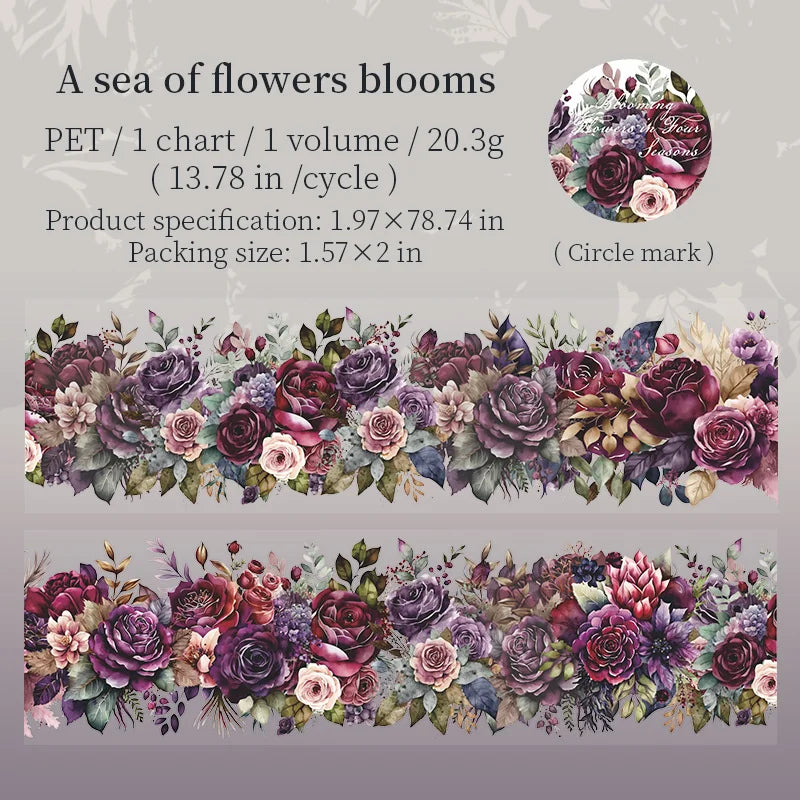 PET Tape flower Pattern Self-Adhesive Tape Sticker Decorative Masking Tape DIY Craft Decorative Tape For Scrapbooking Decoration Qme D