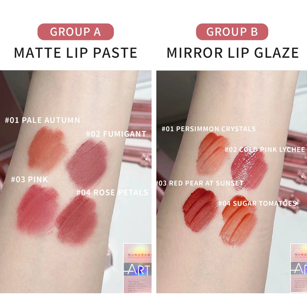ART VALUE Matte Liquid Lipstick Sets Moisturizing Sexy Red Lipgloss Makeup Mirror Lip Glaze Cosmetics For Women With Necklace Qme