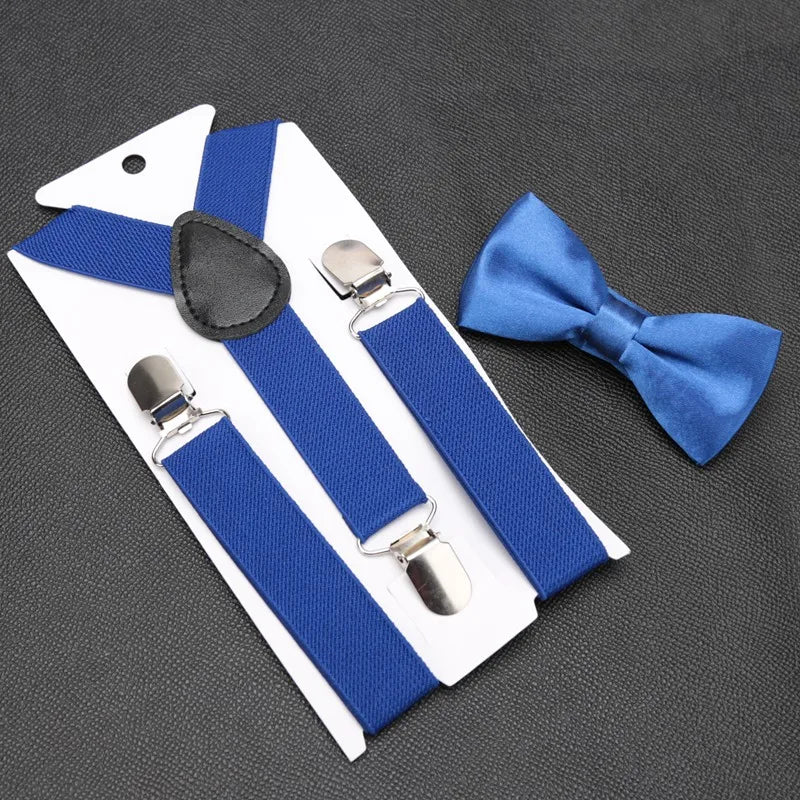 Kids Suspenders for Pants Bowtie Set Matching Tuxedo Suit Boy Girl Childs Black Adjustable Y-Back Brace Belt Wedding Accessories Qme ROYAL BLUE