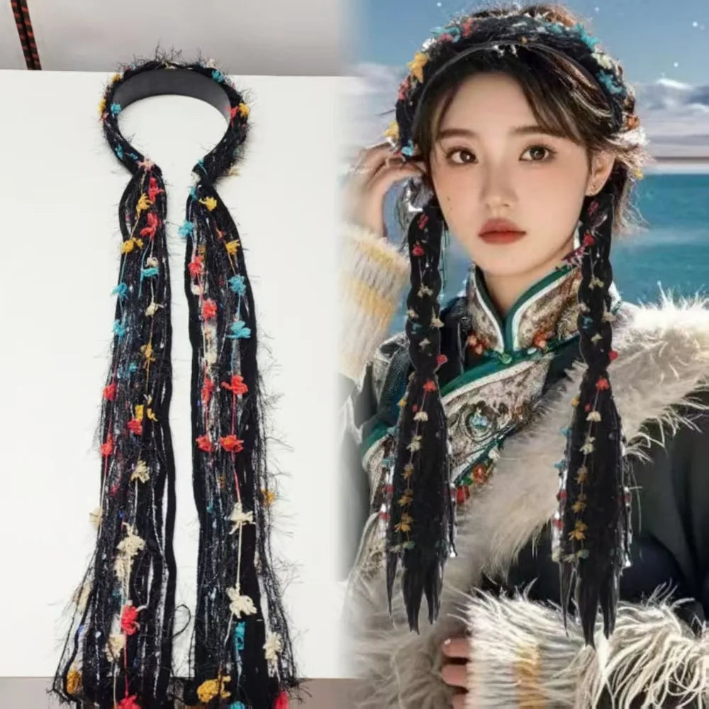 Boho Style Chinese Tibetan Hairband Colorful Ribbon Long Tassel Braid Hairband Candy Colored Weaving Ethnic Hair Hoop Qme Black
