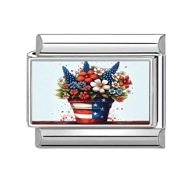 Original Design American Memorial Day Series Fresh Flower Italian Charm Links Fit 9MM Stainless Steel Bracelets DIY Making Gifts Qme Style 1