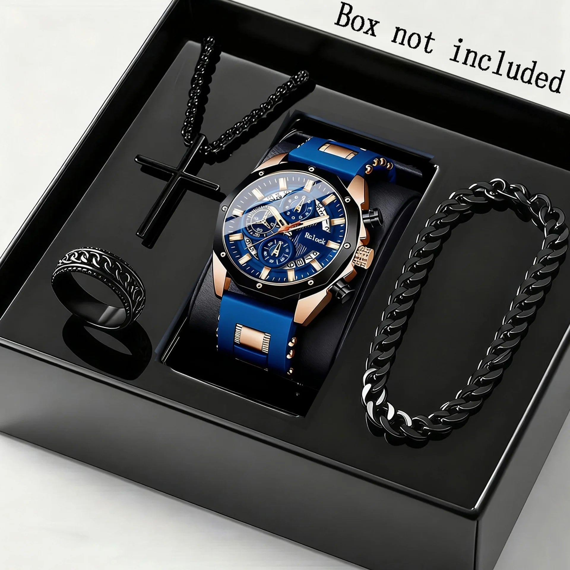 Four piece fashionable men's watch set, business casual men's bracelet, cross necklace, luxury watch Qme Blue
