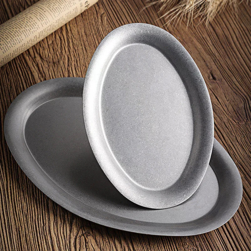 1 Pcs Japanese Vintage Oval 304 Stainless Steel Restaurant Plate Dessert Tray Kitchen Tableware Qme
