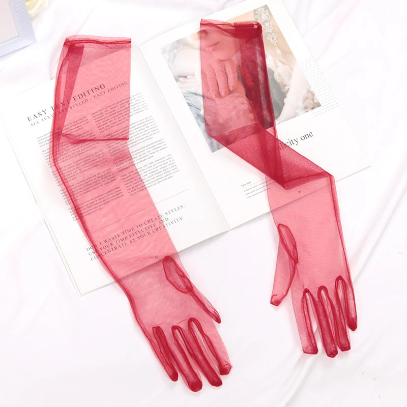 Long Sheer Tulle Gloves Ultra Thin Stretchy Full Finger Mittens Mesh Qme