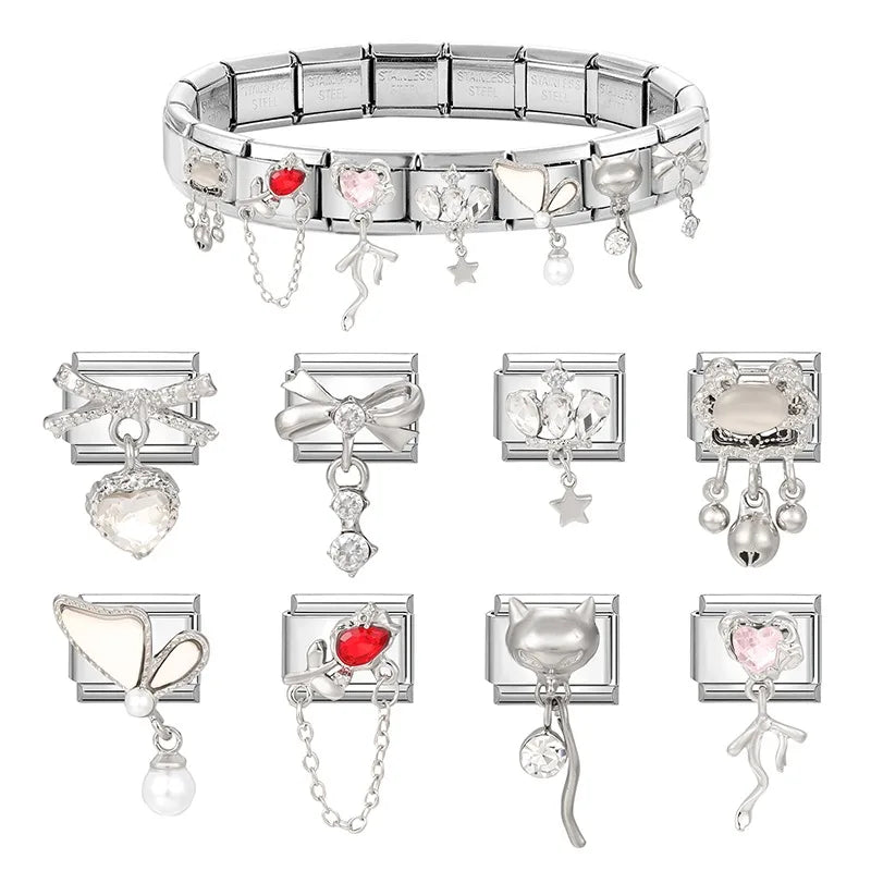 Y2k Italian Charm Silver Color Bracelet Series Blue Stars Zircon Bowknot Pearl Heart Hand Making DIY Chain Shiny Pendant Jewelry Qme
