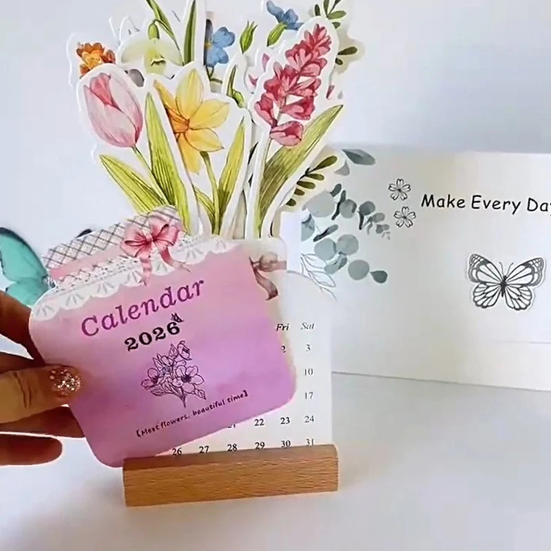 2026 Bloomy Flowers Mini Calendar Vase-like Desktop Monthly Planner Qme