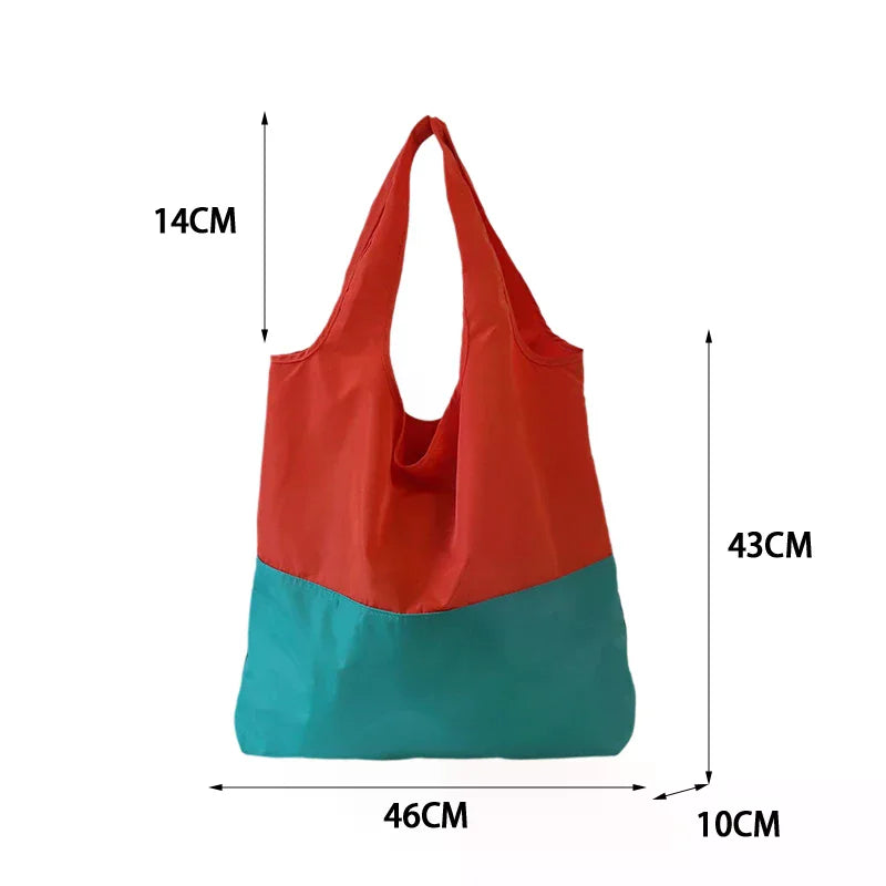 Color-block Patchwork Foldable Shopping Bag Eco-friendly Large Capacity Portable Waterproof Shoulder Bag Qme