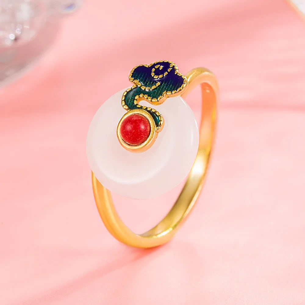Fashion Hotan Jade Vintage Ring White Jade Beauty Lucky Ring Women's Leisure Travel Banquet Chinese Rings Jewelry Gift Qme