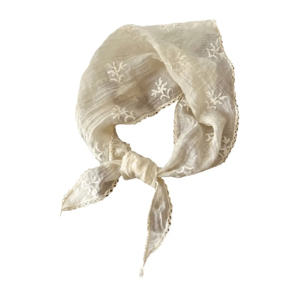 Elegant Embroidered Lace Triangle Scarf Korean Style Thin Flower Headband Turban Neckerchief Triangular Hair Band Summer Qme White