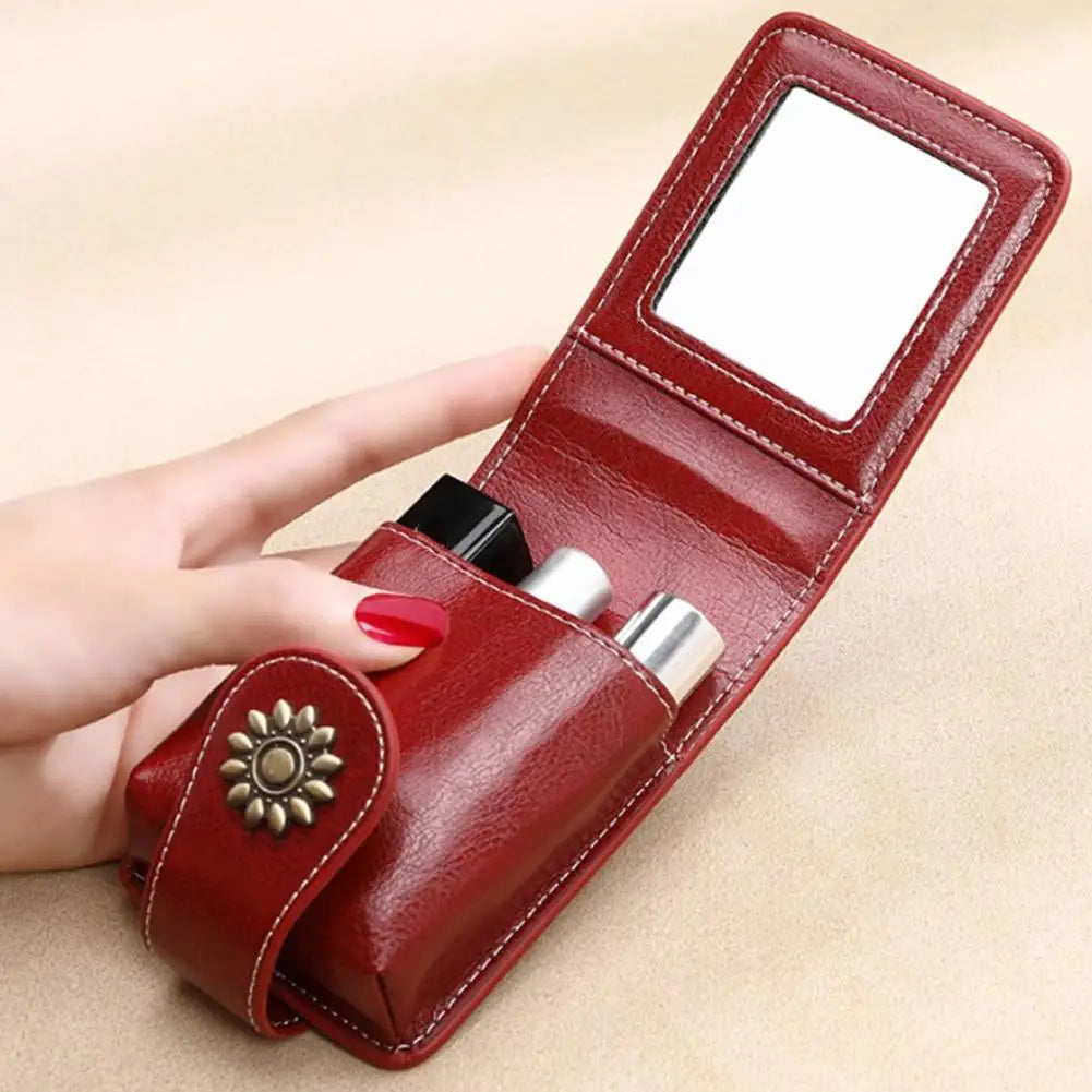 Lipstick Cosmetic Bag Mirror Portable Button Women's Makeup Storage Qme