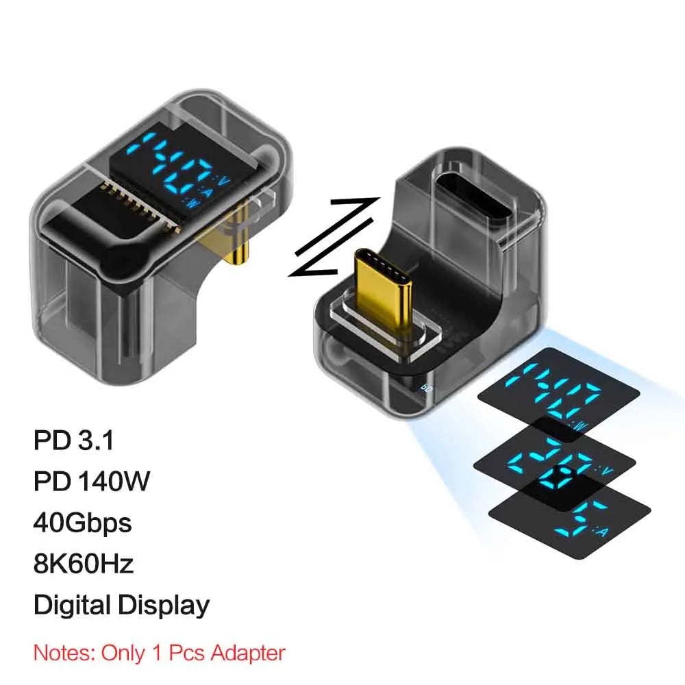 USB 4 Type C Adapter 40Gbps 140W 90 Degree USB C Adapter for Thunderbolt 4 3 Cable Connector Right Angle U Shape Digital Display Qme black Transparent U