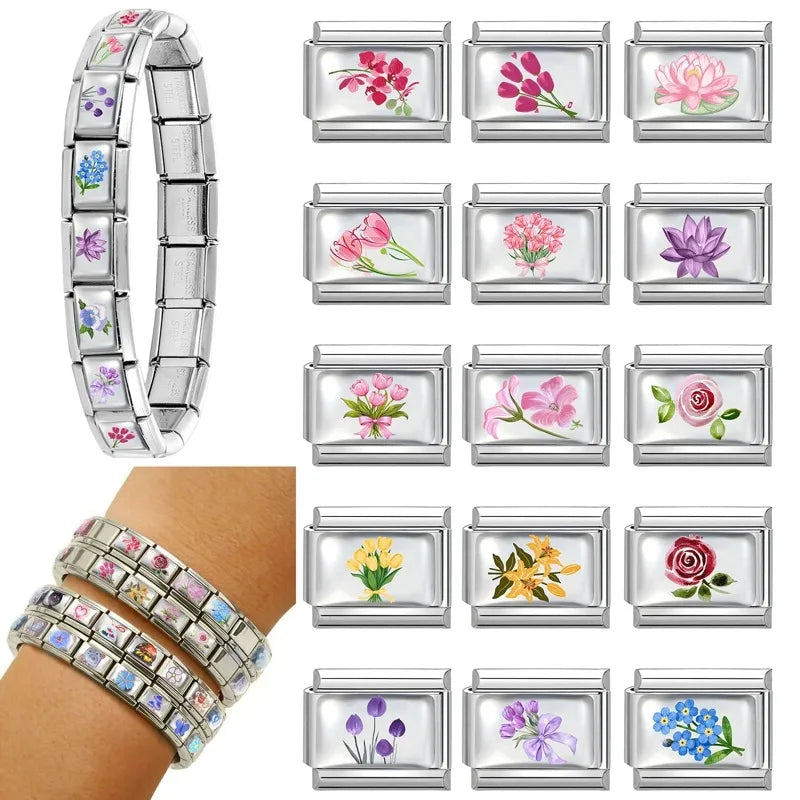 2026Fashion Pretty Colour Bow Cherry Flower Peach Blossom Charm Italian Links Fit 9mm Stainless Steel Bracelet Making DIYJewelry Qme