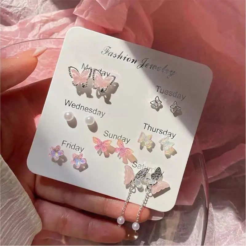 7 Pairs New Y2K Cute Butterfly Star Pearl Stud Earring For Women Exquisite Mini Earrings EMO Jewelry Gift Wholesale Direct Sale Qme A1