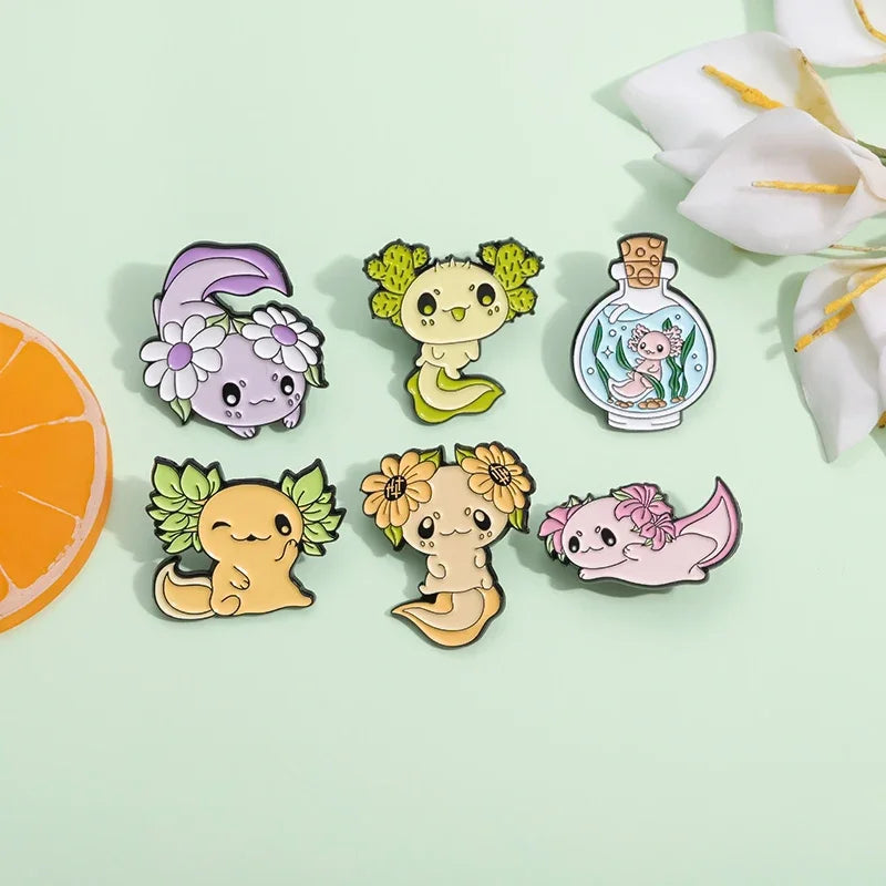 Cute Ocean Creatures Brooch Enamel Pins Cartoon Kawaii Axolotl Lapel Metal Badge Brooches for Backpack Jewelry Gift Qme